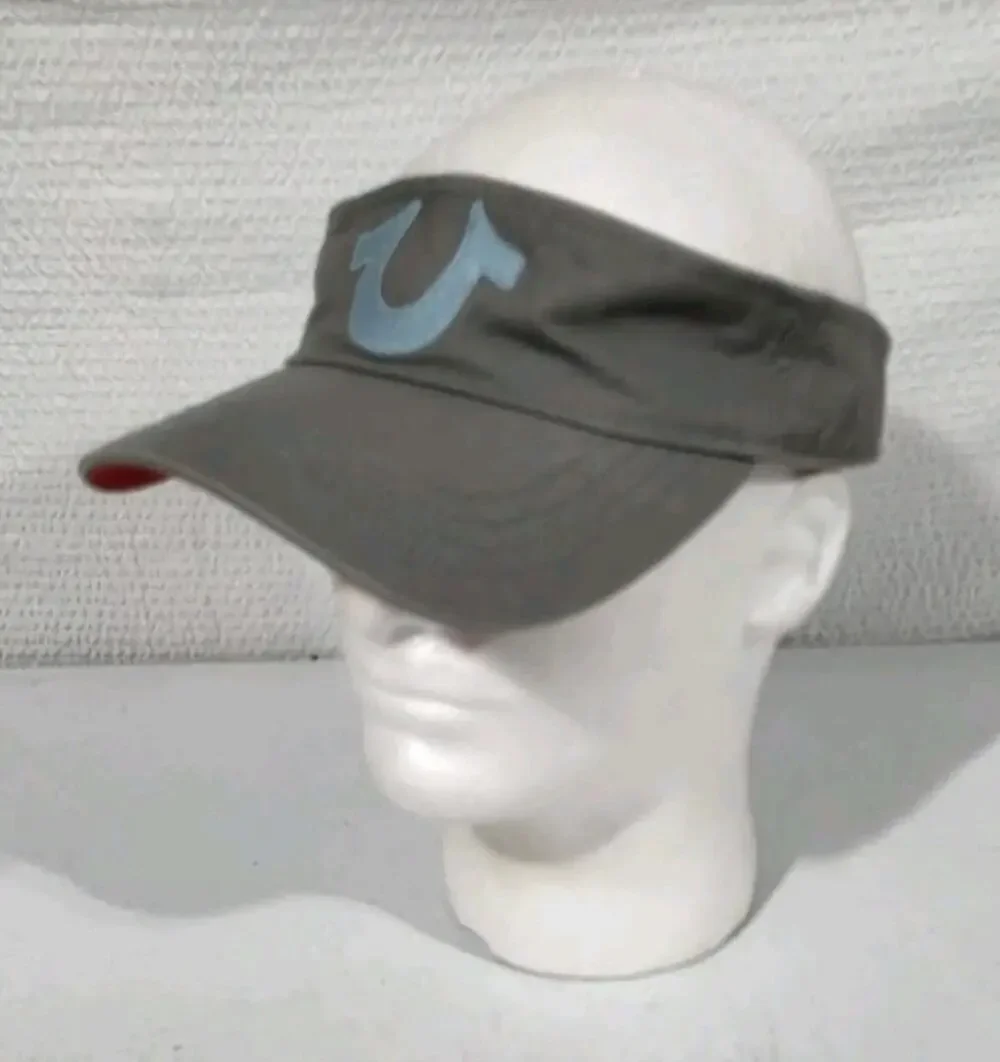 True Religion Sample Visor Hat Gray Blue Horseshoe Logo Leather Strap Paramount